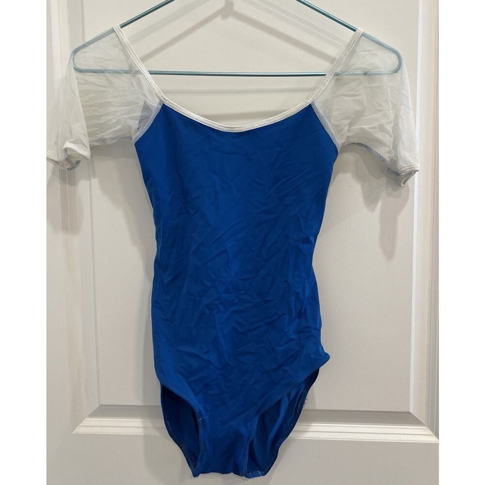 Ballet Leotard Royal Blue White Mesh Short Sleeves Size S - Customized